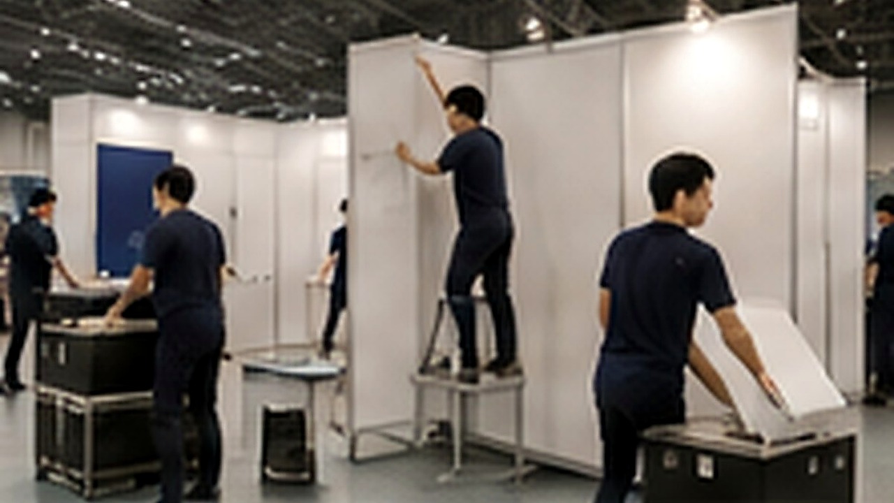 展示会ブースを設営するイベントスタッフ